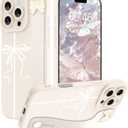 SOKAD Ribbon Bow Phone Case for iPhone 16 Pro Max with Wrist Strap Kickstand, Aesthetic Cute Bowknot Design with Wristband for Girls Women, Slim Soft Silicone Camera Protection Cover Case, White