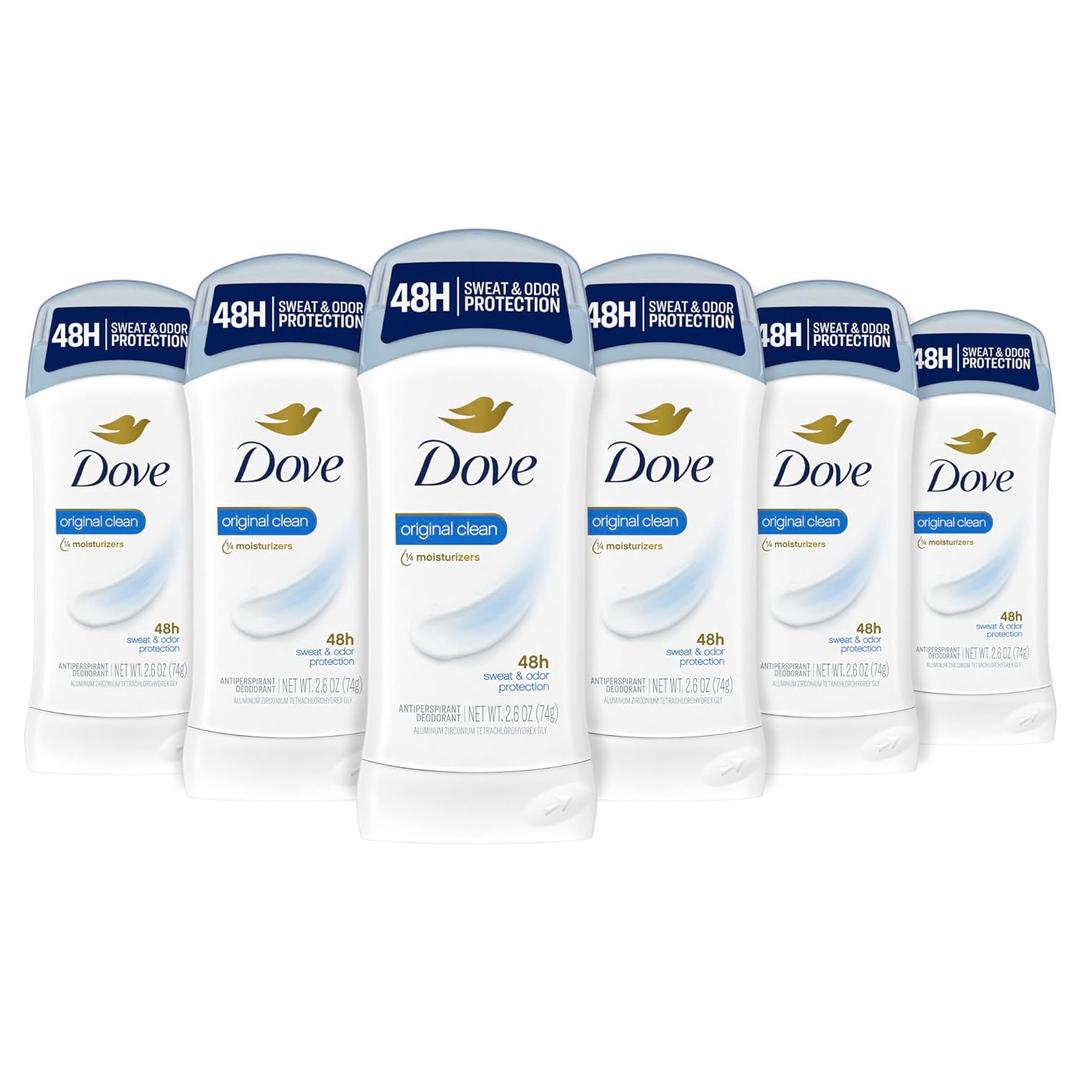 Dove Invisible Solid Antiperspirant Deodorant Stick for Women, Original Clean, For All Day Underarm Sweat and Odor Protection 2.6 oz, Pack of 6