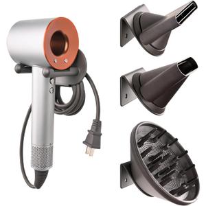 Hair Dryer Holder for Dyson with 3 Attachment Holder Universal Hair Dryer Holder Stand Self Adhesive Aluminum Blow Dryer Holder Rack with Cable and Accessories Storage Gray
