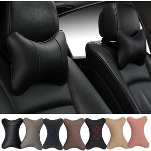 Car Neck Pillows Both Side Pu Leather 2pieces Pack Headrest Fit for Most Cars Filled Fiber Universal Car Pillow (Black)