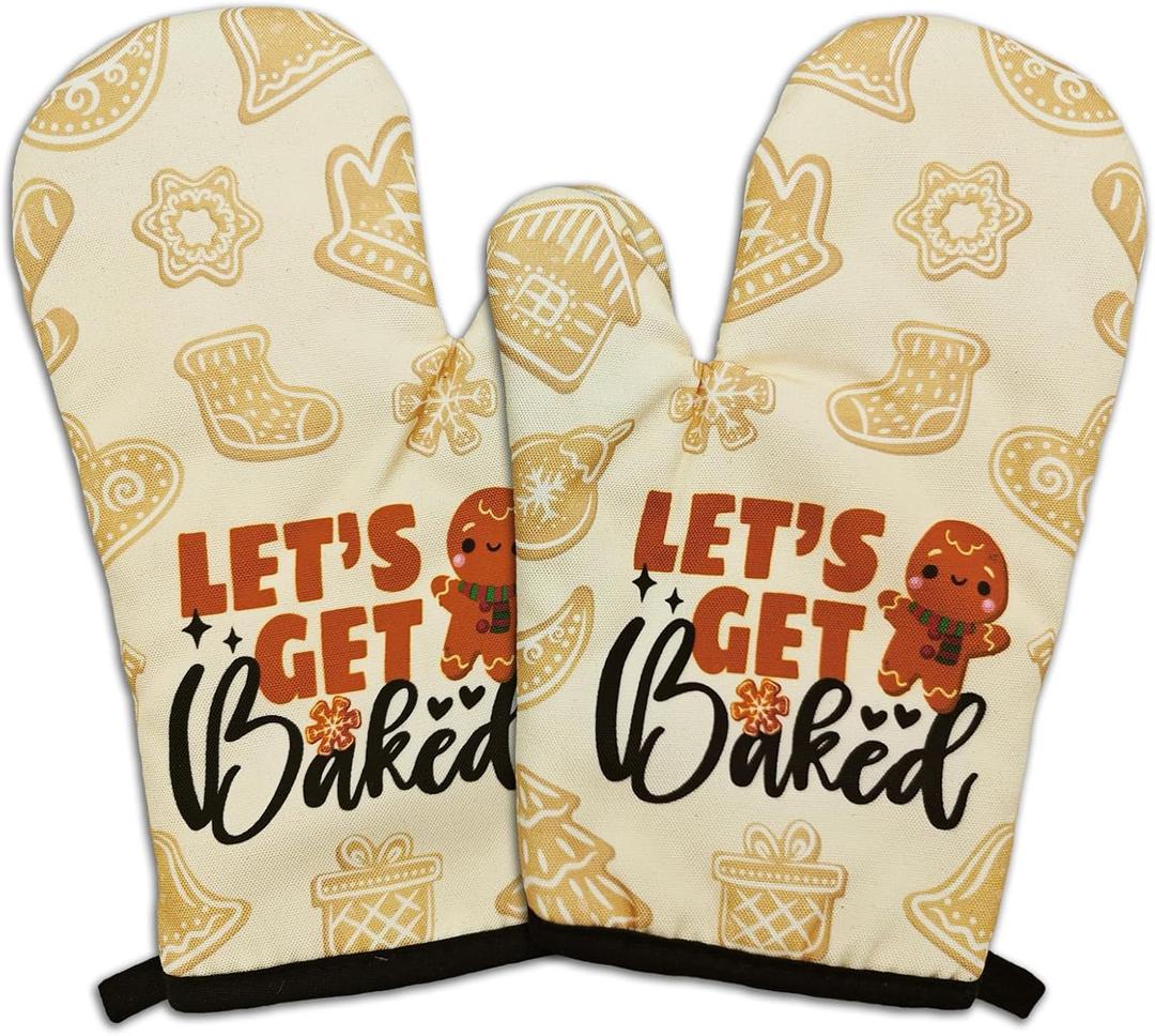 2 Pcs Funny Baking Oven Mitts Let's Get Baked Heat Resistant Mitts Cute Gingerbread Man Silicone Non-Slip Oven Mitts for Kitchen Decor Great Housewarming Gifts for Baking Lover Chef Friend, Beige 