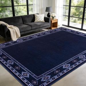 Large Area Rug for Bedroom Living Room, 6x9 Feet Ultra Soft Navy Blue Rugs Washable Modern Geometric Bordered Non Slip Low Pile Carpets Home Decor