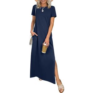 ANRABESS Womens Summer Casual Maxi Dress Short Sleeve Crewneck Split Wrinkle-Free Travel Long Sundress Beach Vacation Clothes (Large, Navy Blue)