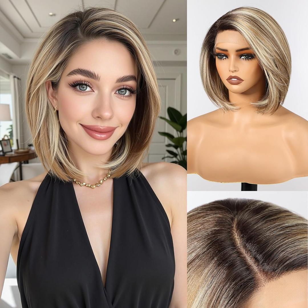 HAIRCUBE Brown Highlight Synthetic Lace Front Wig, 12Inch shoulder length Bob wigGlueless Human-Like Wig for Women, Natural Hairline & Adjustable Cap