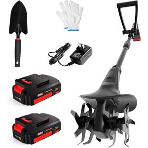 MZK 20V Cordless Tiller Cultivator with 24 Steel Tines,7.8-inch Wide Battery Powered Garden Cultivator, Mini Tiller for Gardening(2 * 2AH Battery and Charger Included) (2 Batteries)