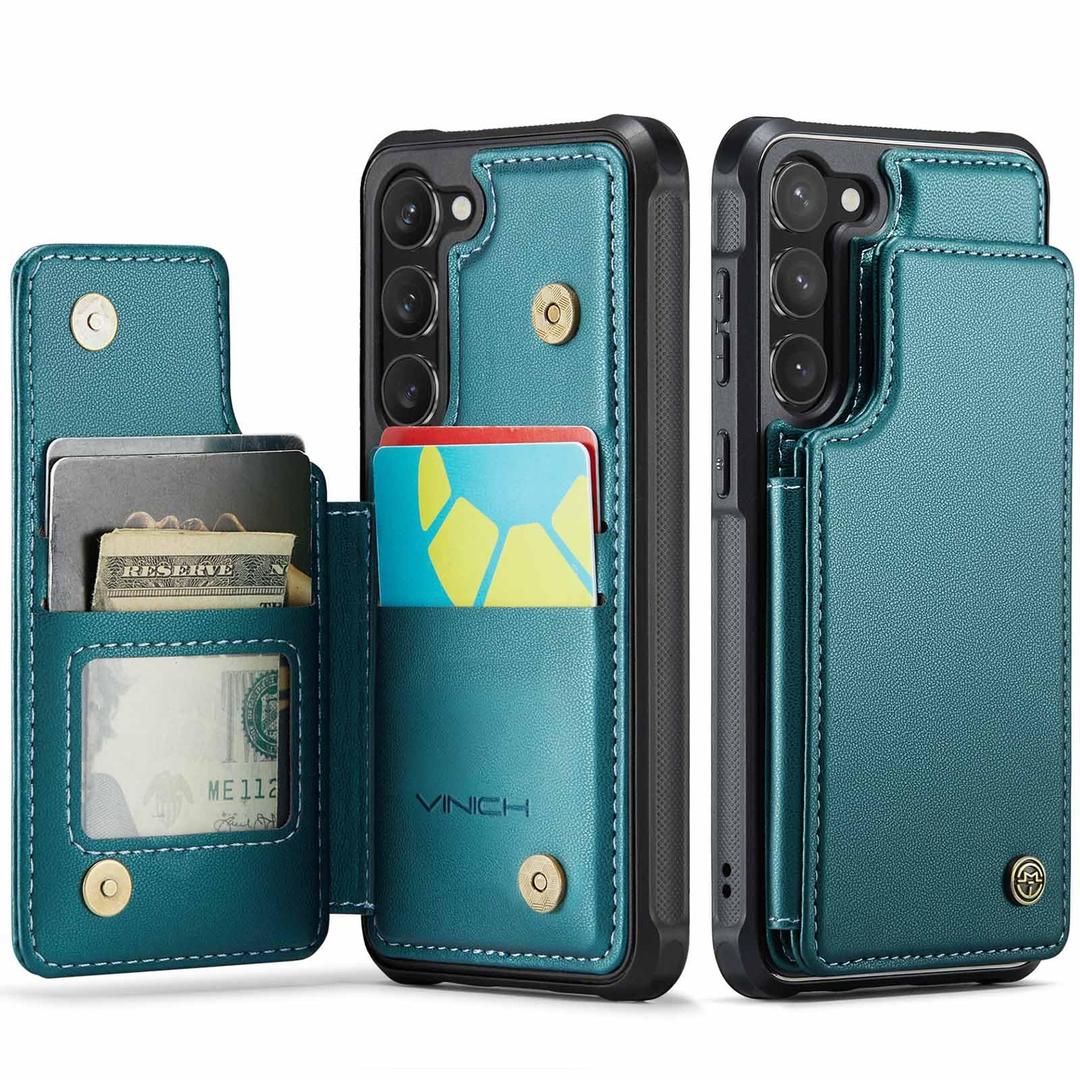 Vinich for Samsung Galaxy S23 Wallet Case with Card Holder, RFID Blocking Credit Slots Kickstand Shockproof Phone Cover Fit for Galaxy S23 6.1" Bluish Green