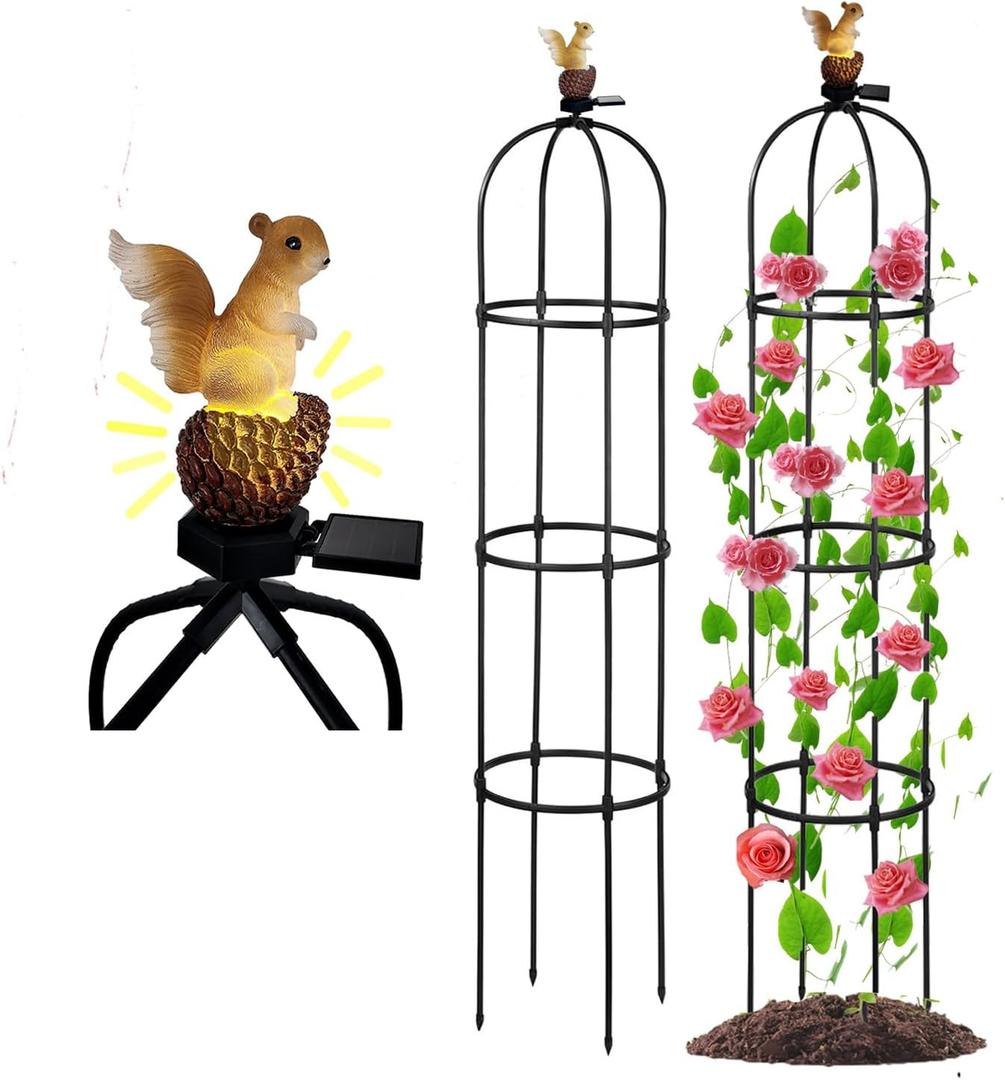 Garden Obelisk Trellis for Climbing Plants Outdoor, Rose Bush Round Trellis with Squirrel Head Auto Sensor Solar Light Tomato Plant Support for Raised Beds Vines Cucumbers Tomato Cage 59'' High,I Pack (Black)