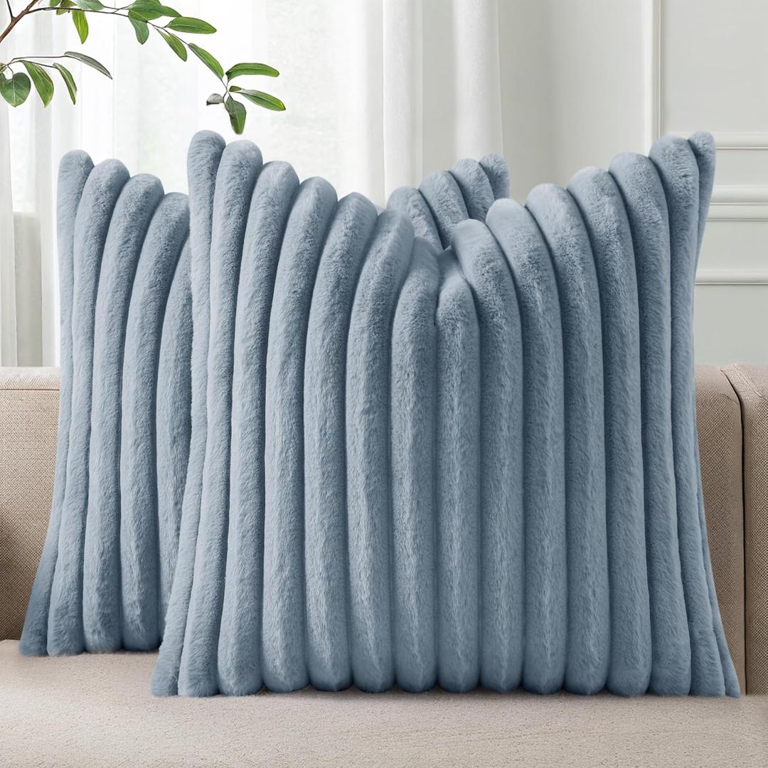 Pallene Faux Fur Plush Throw Pillow Covers 26x26 Set of 2, Luxury Soft Fluffy Striped Decorative Pillow Covers for Sofa, Couch, Living Room, Blue Grey