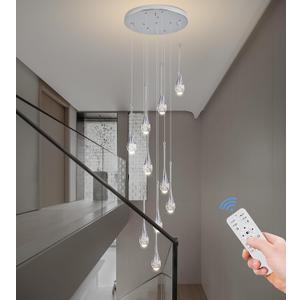 Modern Crystal Chandelier 10-Lights Chrome, H98.5'' High Ceiling Spiral Dimmable LED Bubble Crystal Raindrop Light Fixture for Foyer Entryway Dining Room Remote Control