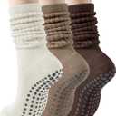 Pilates Socks with Grips for Women, 3 Pairs Long Scrunch Non Slip Yoga Barre Hospital Slouch Socks (Mix Color)