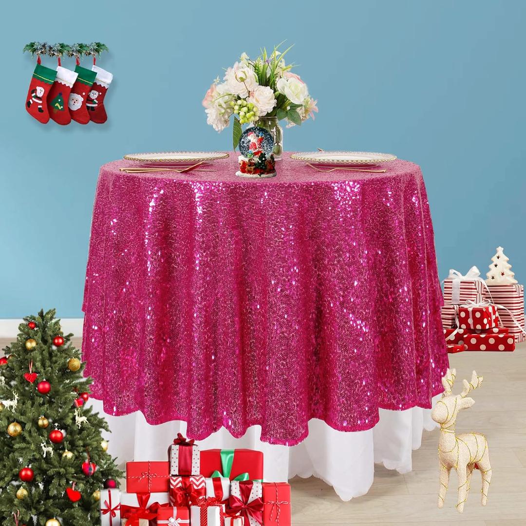 AMZLOKAE Sequin Tablecloth Round 72 Inch Hot Pink Glitter Table Cloths for Parties Dessert Tablecloth Round Sparkle Dining Table Cover Wedding Tablecloth