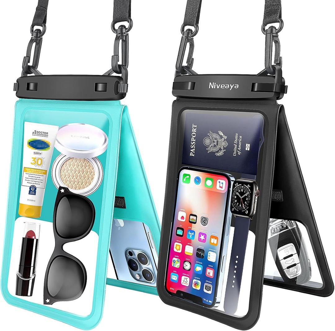 Niveaya [Up to 10.5"]Waterproof Phone Pouch - 2 Pack, Waterproof Phone Lanyard Case with iPhone 16/15/14/13/12 Pro Max up to 9.5", Phone Dry Bags for Vacation Beach Pool Kayak Cruise Travel Essentials (Black+ Teal)