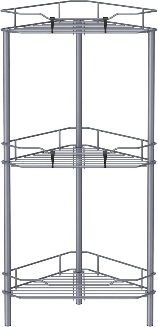 3 Tier Floor Standing Corner Shower Caddy Organizer Shelf with Hooks, Bathroom Shelves Stand Rack, Dark Gray