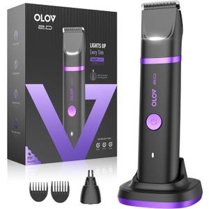 Groin & Body Hair Trimmer for Men - Electric Shaver for Pubic Hair, Chest, Legs - Ball Pubic Groomer, LED Light, Replaceable Ceramic Blade Heads, USB-C Recharge Dock, Waterproof Hygiene Razor, Purple