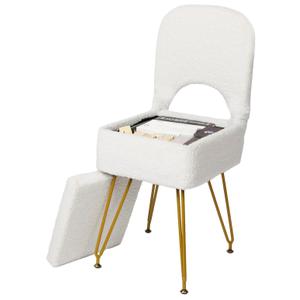 Mapleway Small Vanity Stool Chair with Storage and Adjustable Folding Back 12.6" x 13.8" x 29.9" Alpaca Fur Soft Ottoman 4 Metal Legs with Anti-Slip Feet Furry Padded Seat for Makeup, Bedroom, White
