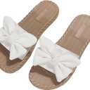 Verdusa Women's Bow Knot Flat Sandals Open Toe Slides Leather Summer Slippers (7, White Rib)