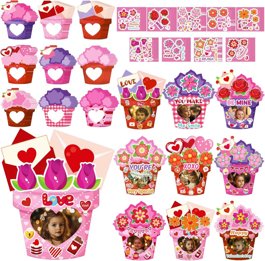 54Pack Valentines Day Craft for Kids  Valentine DIY Picture Frame Art Kit, Valentine's Photo Crafts Kits for Classroom Activities and Party Games