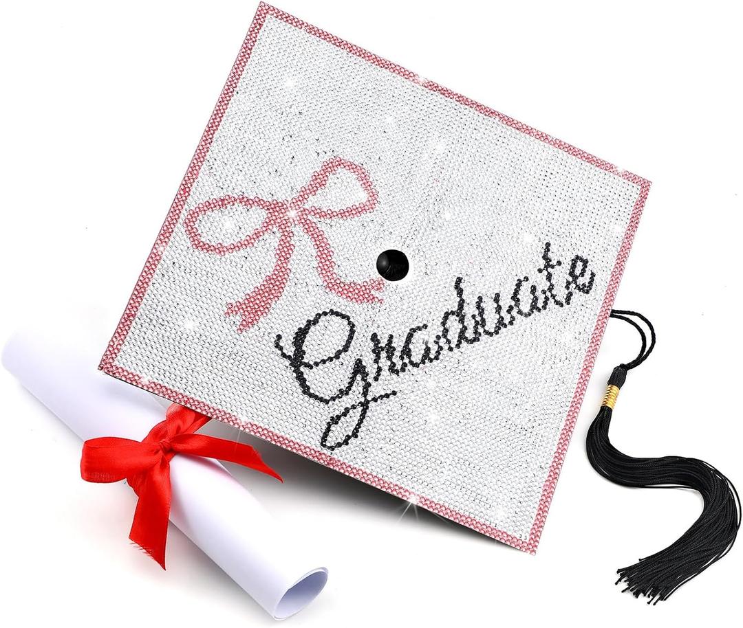 Knitgrip Graduation Cap Decoration Kit Pink Bow Diamond Grad Cap Topper for Her Graduation Gifts Glitter 2026 Diamond Painting Art Grad Hat Decorations for Girls DIY Craft Class of 2026 Graduate Gifts