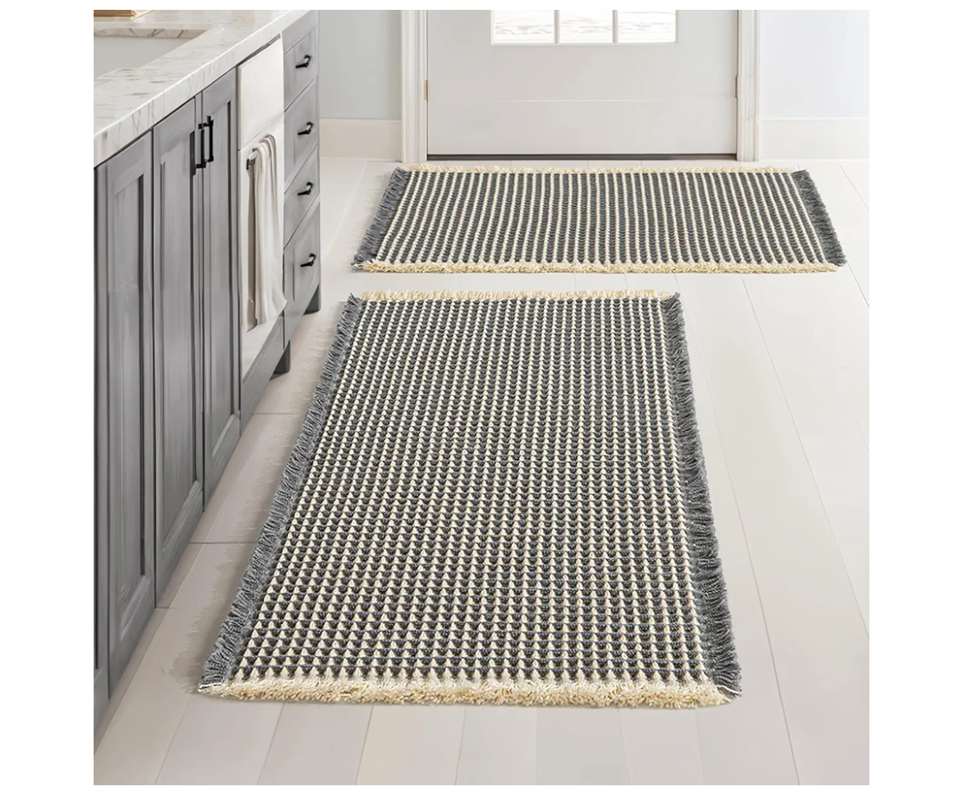 MIULEE Set of 2 Waffle Bathroom Rugs, Boho Bath Rugs Non Slip Washable, Super Absorbent Bath Mats, Ultra Soft Rubber Backed Shower Mats for Bathroom Floor, Tub, Dark Grey & Yellow,