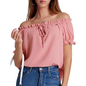 Aupuls Womens Off Shoulder Tops Puffy Sleeve Casual Summer Top Renaissance Shirt (Pink, XL)