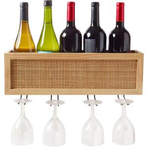 Autumn Alley Wall Mounted Rack -  Glass Holder with Natural Rattan Caning - Boho  Bottle Holder Hanging for Home, Kitchen, Dining Room,Bar, Wood and Rattan Wall Decor