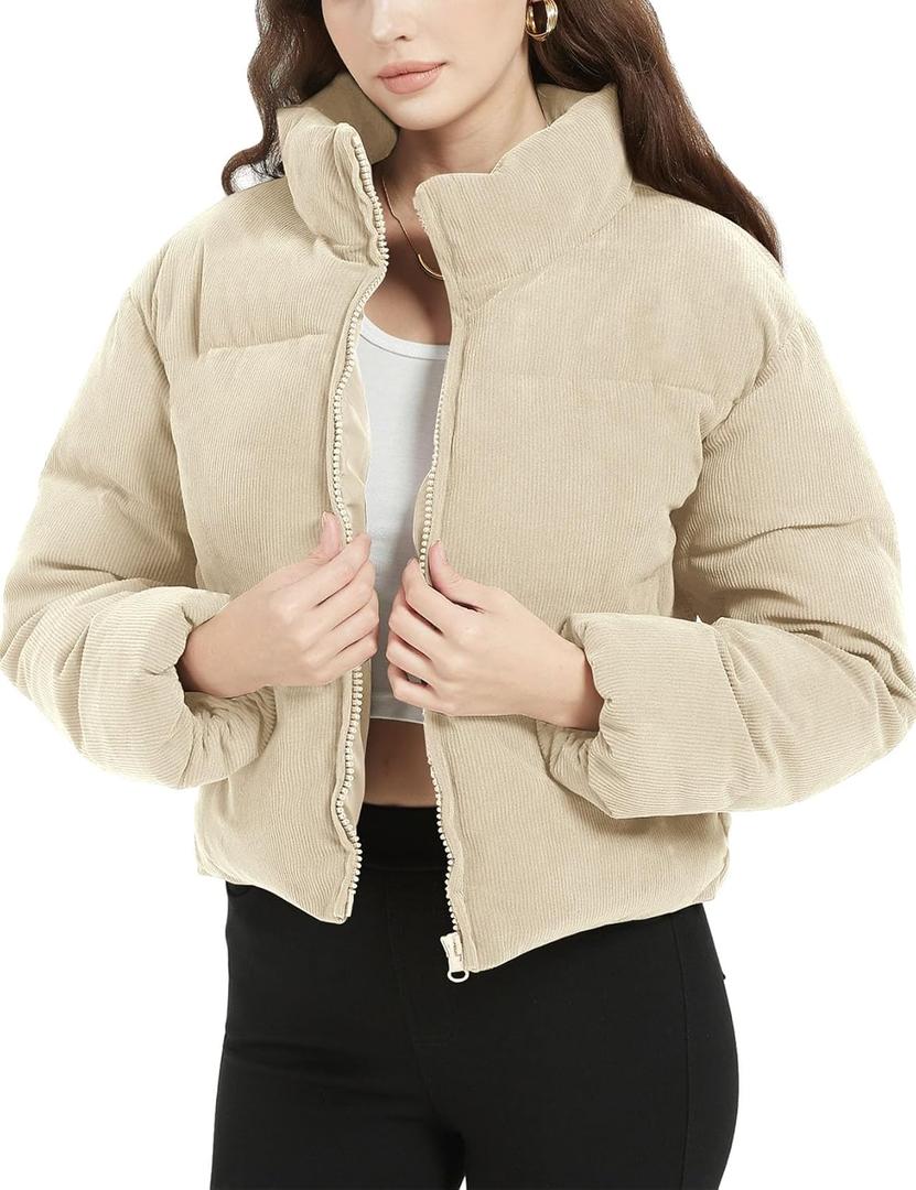 Flygo Womens Cropped Corduroy Puffer Jacket Winter Jackets Warm Long Sleeve Zip Quilted Down Puffer Coat (X-Large, Beige)