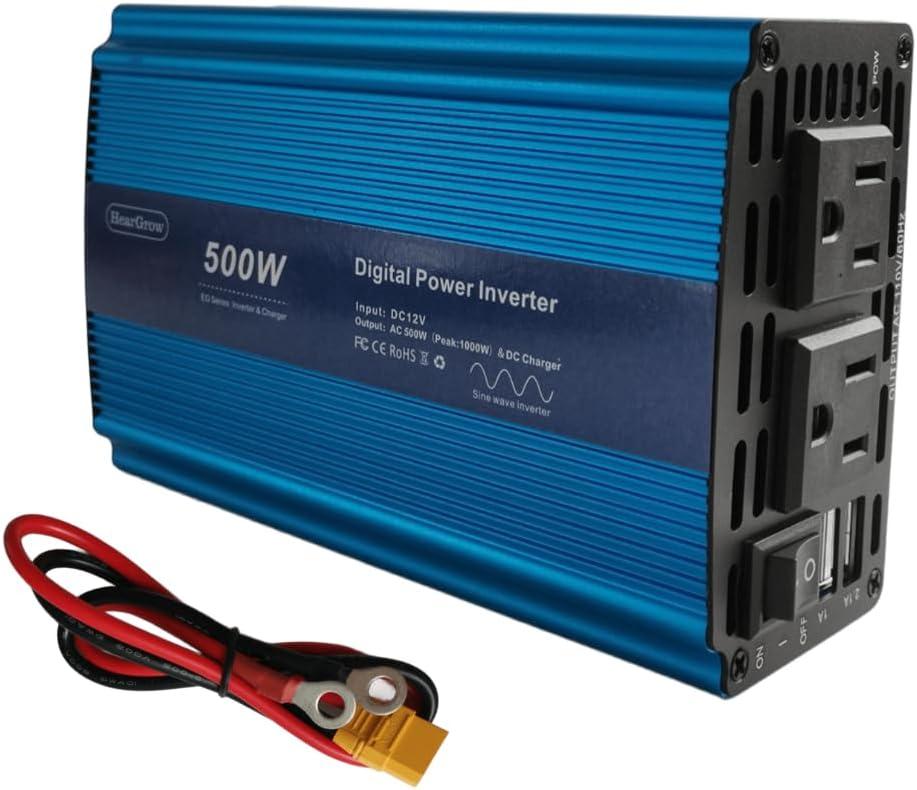 HearGrow 500W Pure Sine Wave Inverter Digital Power Inverter DC 12V to AC 110V, Peak Power1000W, with 2.4A Dual USB+2AC Ports Car Charger Adapter and Cigarette Lighter Plug for RV, Vehicles