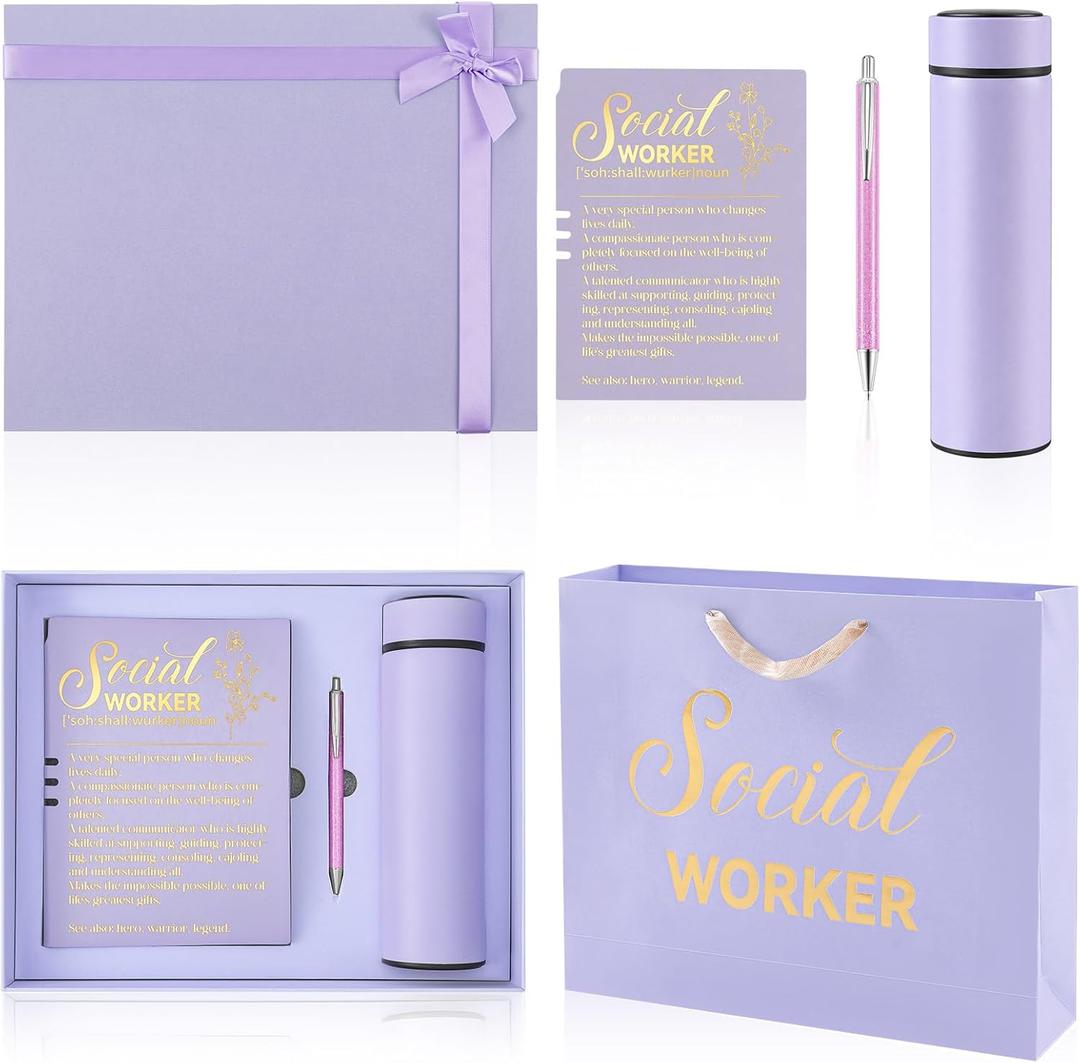 Eaasty 5 Pcs Social Worker Appreciation Gifts 18 oz Tumbler Journal Ballpoint Pens Gift Boxes Bag Thank You Gifts for Women Coworker Bsw MSW DSW Lcsw Volunteer Office Supplies(Purple)