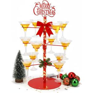 Christmas Cocktail Tree Stand Merry Christmas Tree Drink Holder 3 Tier 12 Holders for Champagne, Martini and Margarita Cups Holder for Xmas Winter Birthday Weddings Bridal Shower Parties