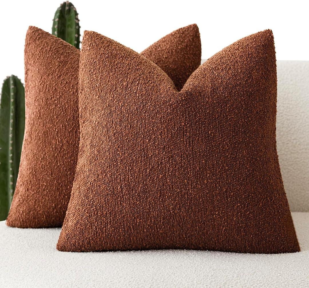 Foindtower Pack of 2 Textured Boucle Throw Pillow Covers Accent Solid Pillow Cases Cozy Soft Decorative Couch Cushion Case for Chair Sofa Bedroom Living Room Home Decor 18x18 Inch Red Taupe (Coconut Shell)
