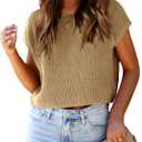 Saodimallsu Womens Cap Sleeve Crop Tops Summer Trendy Going Out Crew Neck Loose Knit Cropped Sweater Vest Tank Top (L)
