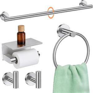 5Pcs Bathroom Hardware Accessories, 24 Inch Brushed Nickel Bath Towel Bar Set, Toilet Paper Holder and Towel Ring, Stainless Steel Wall Mounted Towel Rack Set, Center Section Removable (Sliver)