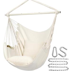 Y- STOP Hammock Chair Hanging Rope Swing Chair, Max 500 Lbs, 2 Seat Cushions Included, Removable Steel Spreader Bar with Anti-Slip Rings for Indoor or Outdoor (Beige)