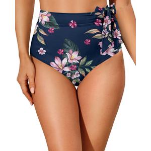 Zmart High Waisted Bikini Bottoms - Women's Full Coverage Bathing Suit Tummy Control Swimsuit with Tie Side Knot Bottom (Blue Floral)
