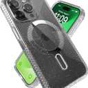 Speck iPhone 15 Pro Case - ClickLock No-Slip Interlock, Built for MagSafe, Drop Protection Grip - Anti-Yellowing 6.1 Inch Phone Case - Presidio Lux Grip Clear/Platinum Glitter