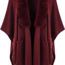 Ferand Shawl Wraps for Women, Cozy Lightweight Poncho Cape with Pockets, Warm for Fall Winter Travel (One Size, Dark Red With Faux Fur Collar)