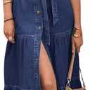 chouyatou Women's Summer Button Down Denim Shirt Dress Business Casual Belted Sleeveless Midi Long Jean Dress (X-Small, Dark Blue)