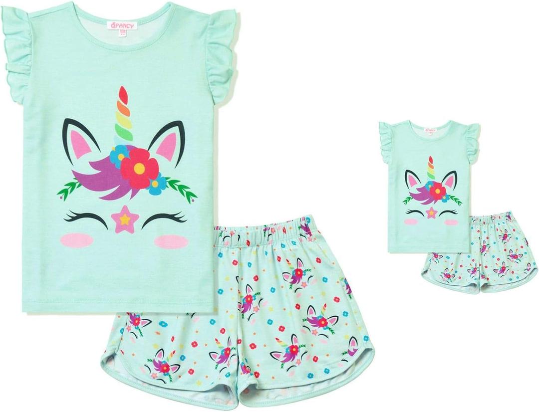 QPANCY Matching Girls & Dolls Pajamas Unicorn Pj Sets Summer Cotton Sleepwear, 4-5Y