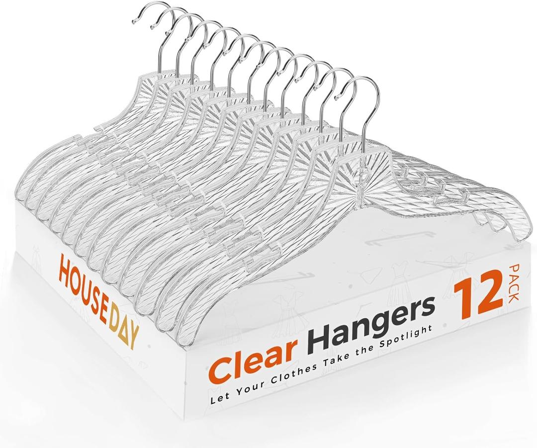 HOUSE DAY Clear Plastic Hangers 12 Pack, Durable Crystal Hangers for Clothes, Light Weight Plastic Dress Hanger for Women, Versatile 16.7 Hanger for Closet and Retail Use, with 360 Swivel Hook