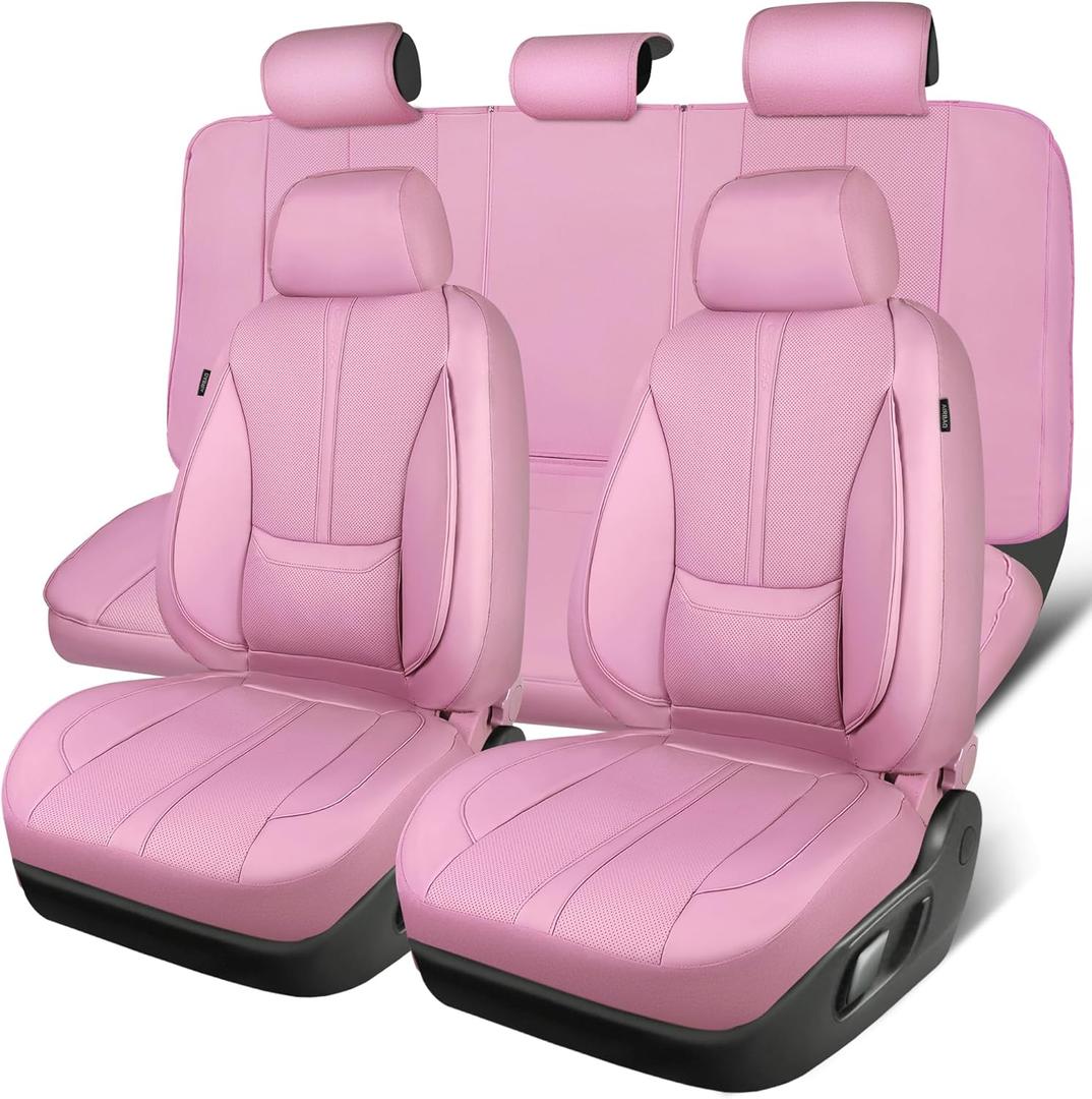 CAR PASS Pink Leather Seat Covers Full Set, Water Resistant 3D Foam Faux Leather Seat Cover, Luxury Comfort Automotive 5 Seat Covers Cute for Women Girly, Universal Fit SUV, Vans, Trucks, All Pink