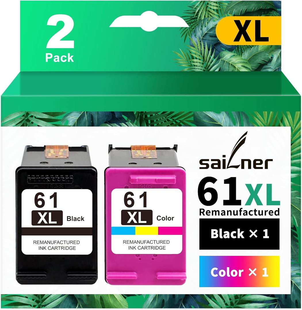 SAILNER 61XL Ink Cartridge Replacement for HP Ink 61 Black and Color Combo Pack 61XL for Envy 4500 4501 4502 5530 Officejet 4630 4635 Deskjet 1000 1010 2540 Series Printer 61 Ink, 2-Pack