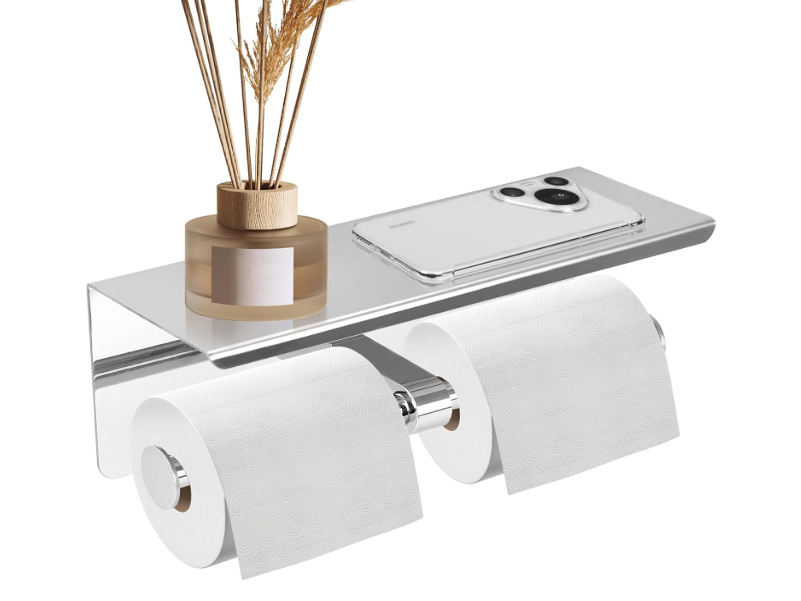 Double Toilet Paper Holder, Stainless Steel Tissue Paper Holder with Shelf Anti -Rust Toilet Paper Dispenser Wall Mounted for Bathroom (Silver New)