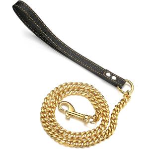 3FT/4FT/5FT Strong Gold Dog Chain Leash, 11/15mm Wide Stainless Steel Cuban Link Chain, Easy Hook,with Genuine Leather Handle, Short Leash, Long Leash, for Large/Medium/Small Dogs (11mm,3FT) (Length:3FT(36inch))