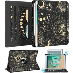 Kidcube for iPad 5th Generation Case 2017/Air 1st 2013/Pro 9.7 Inch Case 2016 - Women Girls Cute Rotating Stand Folio Cover with Pencil Holder & Card Slot Girly Sun Moon Stars Teens Design Cover