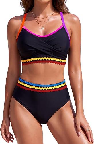 Blooming Jelly Womens High Waisted Bikini Set Modest 2 Piece Swimsuits Neon Color Block Cute 2026 Bathing Suits, Large