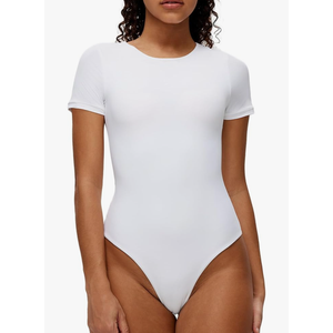 NANJI Short Sleeve Bodysuit for Women - Crew Neck Slim Fit Thong Body Suit, Stretch Double Lined Snap Tops, Casual Going Out, White, XXL