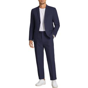 COOFANDY Men's 2 Piece Linen Suits Set Regular Fit Casual Linen Lightweight Suit Summer Beach Wedding, Size 3XL (Navy Blue)