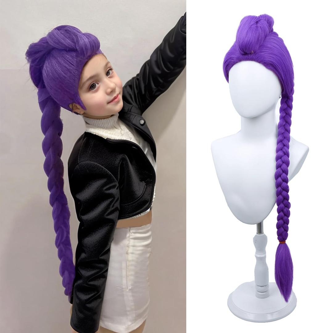 Girls Purple Wig Kids Long Purple Straight Pigtail Wig Heat Resistant Synthetic Wigs with Wigs Cap