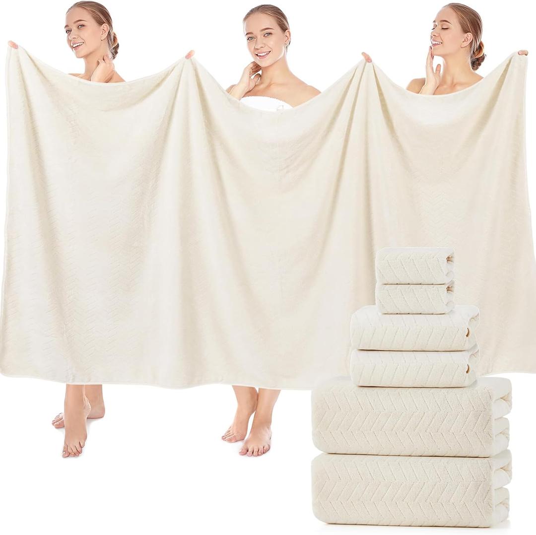 SmoothNovelty Set of 6 Bath Towel; 2pcs - 40 x 80 Inches Oversized Bath Sheet with 2 Shower Towels 2 Hand Towels 2 Washcloths for Adults Bathroom Spa Gym Quick Dry(Chevron Design, Cream)