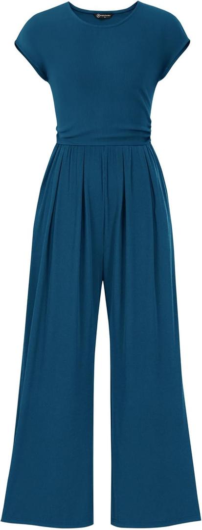 PRETTYGARDEN Summer Jumpsuits for Women Dressy 2025 Ribbed Cap Sleeve Wide Leg Pants Rompers Elegant Casual One Piece Outfits (L)